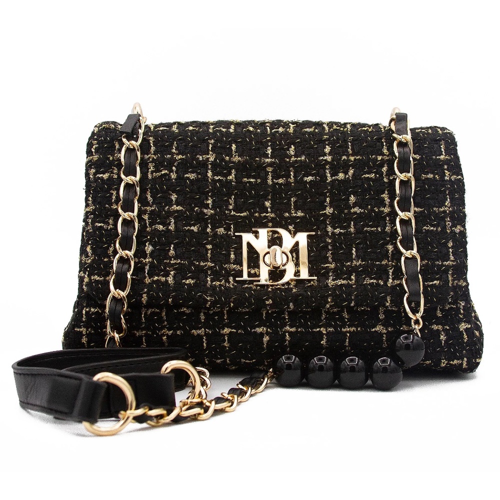 Badgley Mischka Black & Gold Woven Bouclé Tweed Messenger Bag